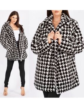 Ellie & Kate soft faux fur houndstooth pattern coat women’s sz M